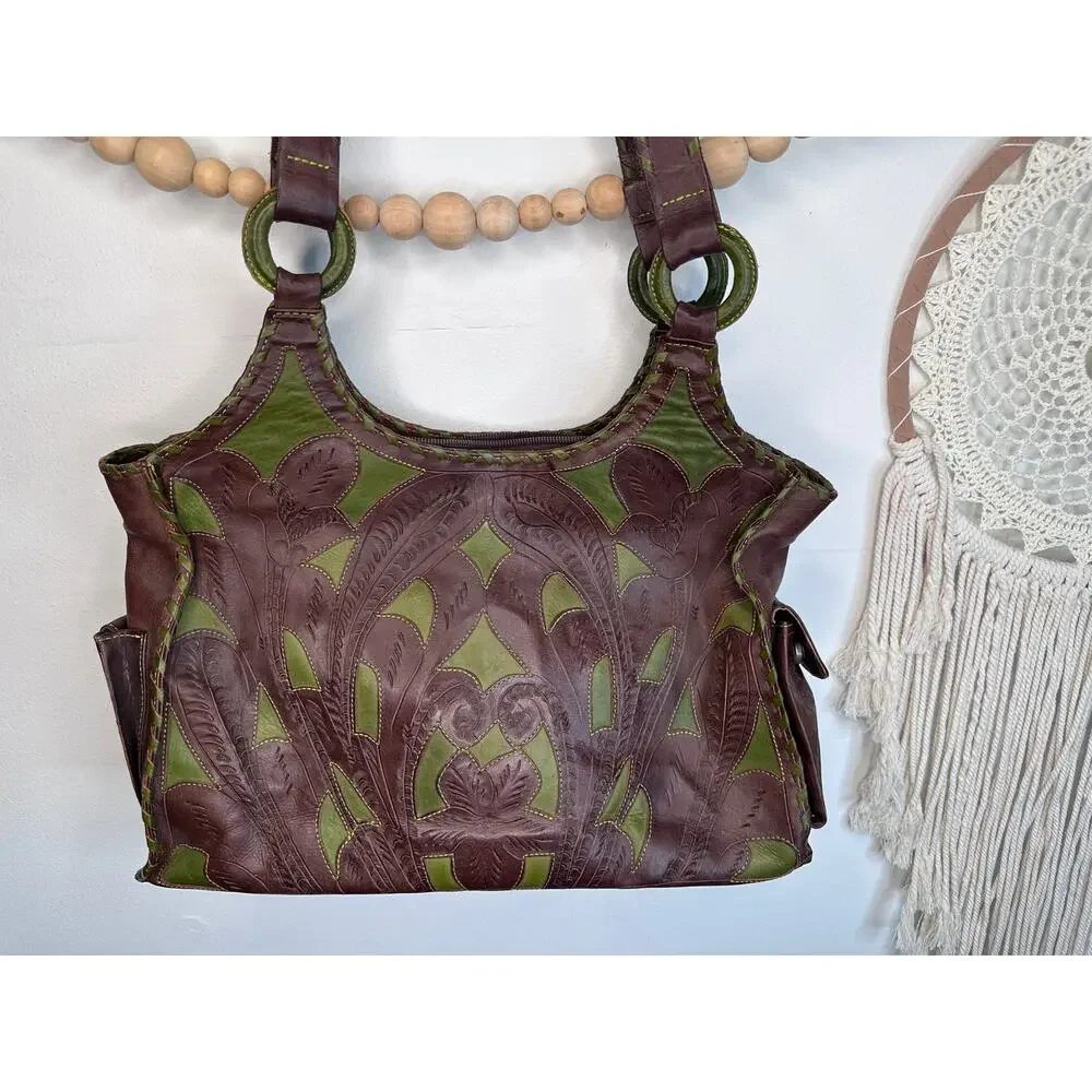 Leaders in Leather Brown Green Tooled Shoulder Bag